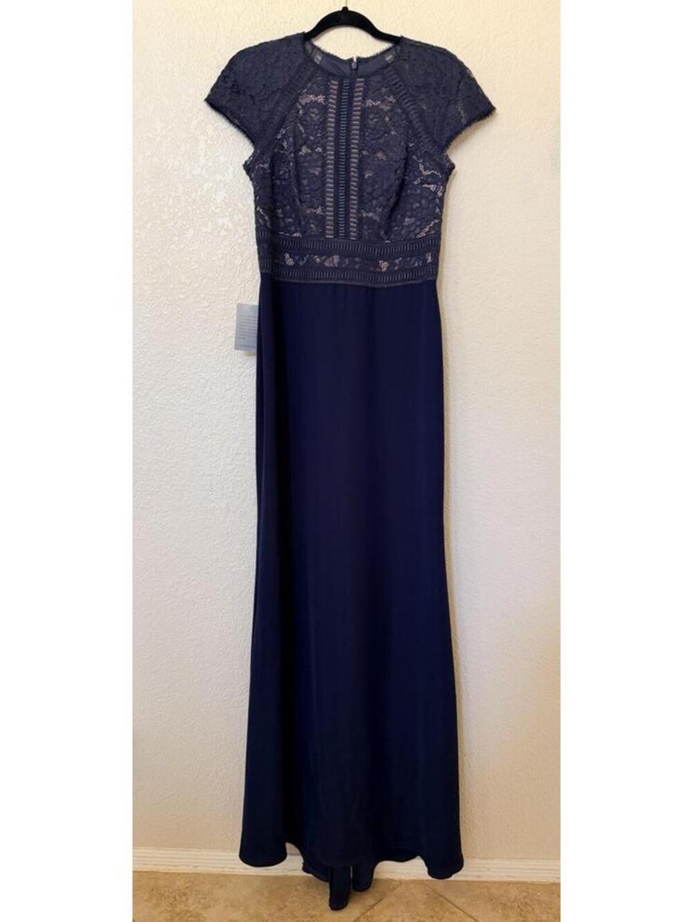 Tadashi Shoji Navy Lace-Top Floor-Length Gown with Cap Sleeves - Picture 7 of 13